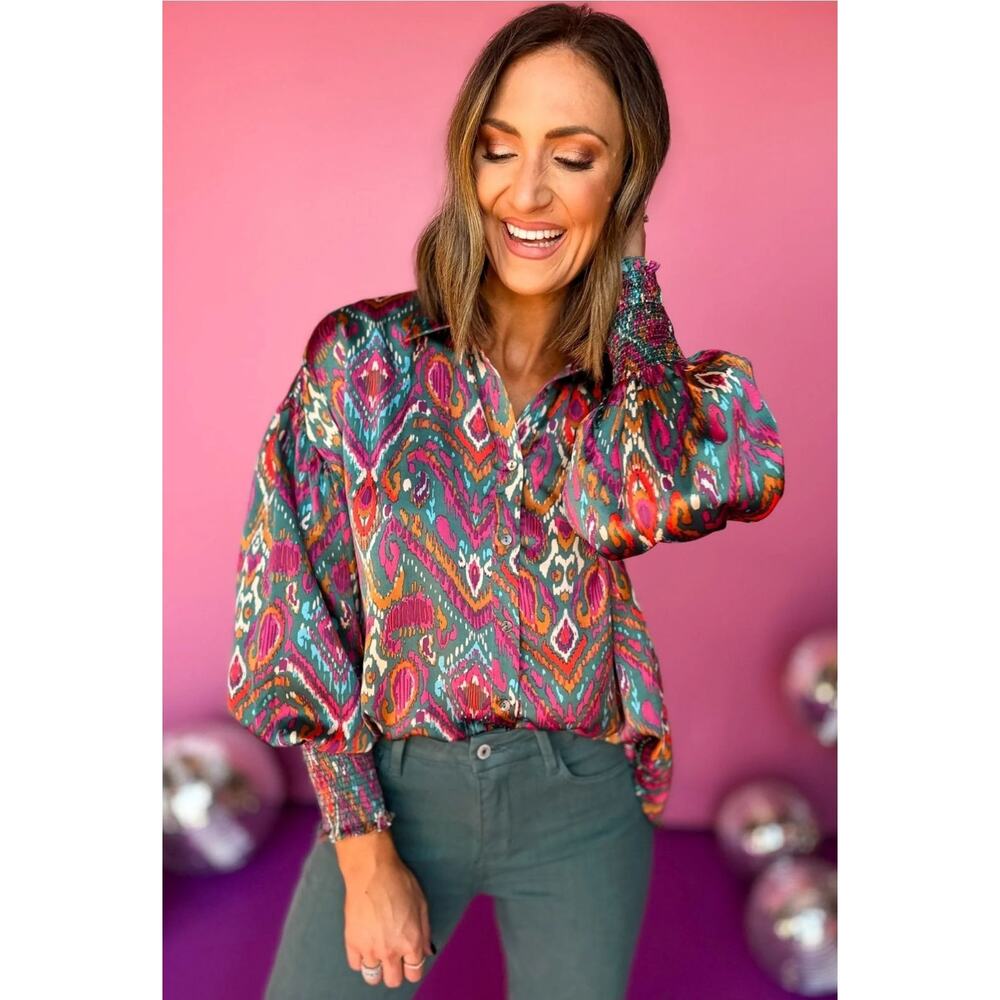 entro Multicolor Ikat Print Puff Sleeve Blouse - Teal, Magenta, Gold